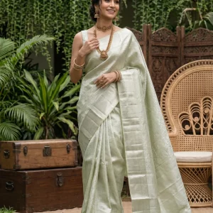 Kanjivaram Tissue Silk Sage Green All-Over Self-Tone Jaal Saree with Wide Zari Border Regular price ₹25,070.00
