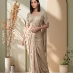 Shimmer Organza Champagne Beige Designer Border Ready to Wear Saree